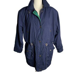 Vintage 90s London Fog Blanket Lined Coat 12 Blue Snap Zip Pockets Cinch Waist
